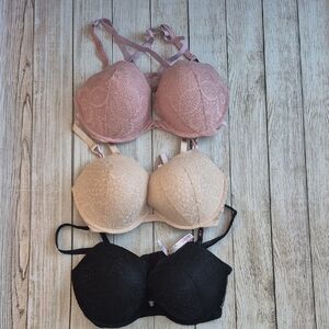 NWT Victorias Secret Set Of 3 Push Up Bras Pink Beige Black Lace 38D